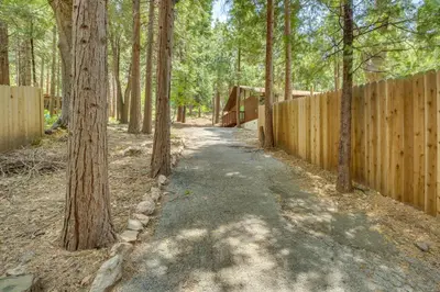 a path in a forest with a fence and trees at Ski, Hike and Explore! Twin Peaks Cabin with Deck in Twin Peaks