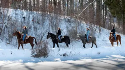 a group of people riding horses in the snow at Walk to Village & Alpine Slide - Almost a View in Big Bear Lake