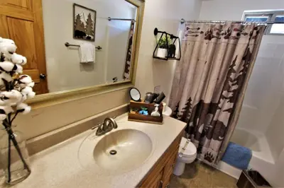 a bathroom with a sink and a shower at Take a Break in Big Bear Lake