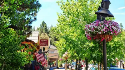 a street with a street light with flowers on it at Luxury w Spa Foosball Near Summit - DeCarlo House in Big Bear Lake