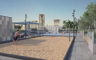 a rendering of a beach with people on it at Level Olympic in Los Angeles