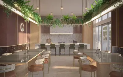 a restaurant with tables and chairs and a bar at Level Olympic in Los Angeles