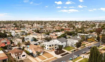 an aerial view of a residential neighborhood with houses at Charming Casita near USC, SOFI, and Culver City in Los Angeles