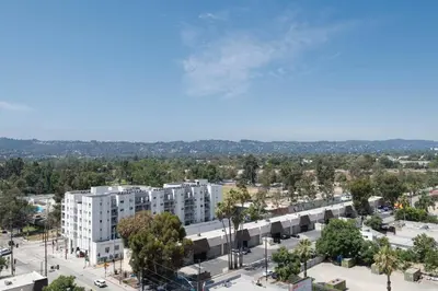 an aerial view of a city with buildings at Skyline Suites in North Hollywood