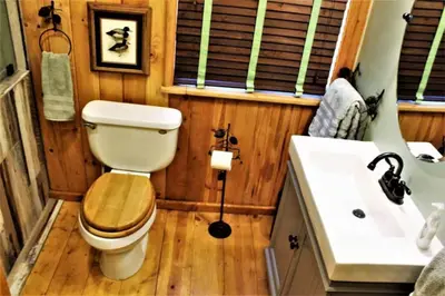 a bathroom with a toilet and a sink at Fire Pit & Steps to Village- Village Hideaway in Big Bear Lake