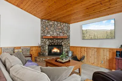 a living room with a couch and a fireplace at Sea to Ski Retreat in Big Bear Lake