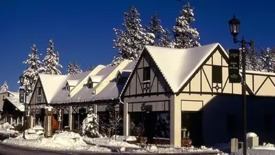 a building covered in snow with snow covered trees at Bluebird Cottage in Big Bear Lake