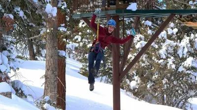 a person jumping in the air in the snow at Bluebird Cottage in Big Bear Lake