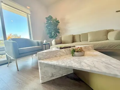 a living room with a couch and a table at Designer 1 Bedroom Condo in Silver Lake in Los Angeles