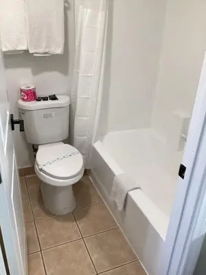 a bathroom with a toilet and a bath tub at Mayfair Inn Onratio Airport & Convention Center in Ontario