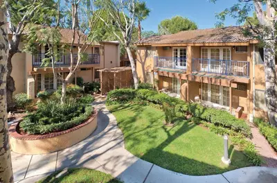 an aerial view of a house with a garden at Wyndham Dolphin's Cove 1BR Suite with Resort Access in Anaheim