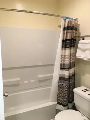 a bathroom with a shower curtain and a toilet at Lincoln Park Motel in Los Angeles