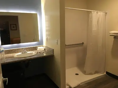 a bathroom with a sink and a shower at Lincoln Park Motel in Los Angeles