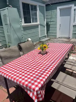 a picnic table with a red and white checkered table cloth at Cozy Hollywood Cottage - Walk to Larchmont Village in Los Angeles