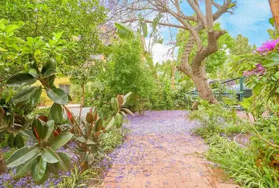 a brick path in a garden with trees and flowers at Hollywood Deluxe Homestay in Los Angeles