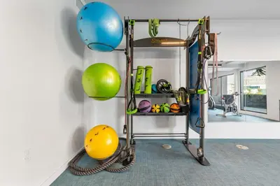 a gym with exercise equipment and balls on the floor at Central LA Hideaway, Steps from Japanese Village in Los Angeles