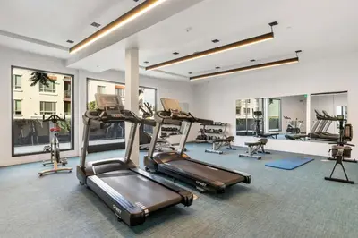 a gym with treadmills and ellipticals in a room at Chic and Cozy Home, Walk to Little Tokyo with Parking in Los Angeles