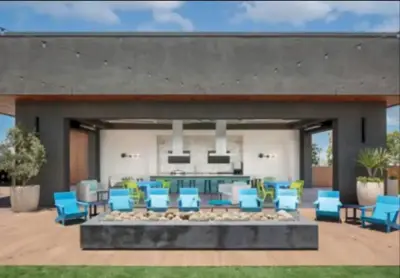 a rendering of a patio with blue and yellow chairs at Cozy 2bd Apt Near Disneyland Anaheim Conv Center in Anaheim