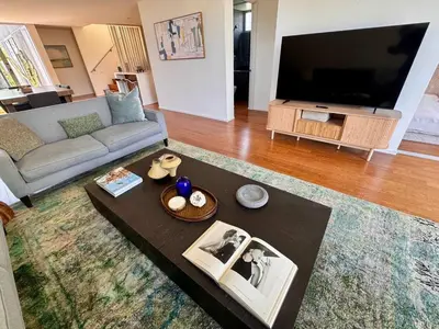 a living room with a couch and a large television at Venice Walk Street Retreat Jacuzzi and Lemon Tree in Los Angeles