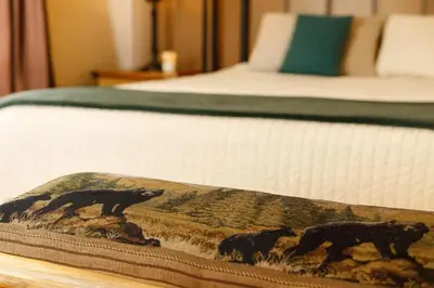 a blanket with a picture of bears on a bed at Cozy Cabin with Large Backyard Near Lake, Village and Snow Summit in Big Bear Lake