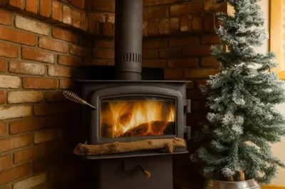 a fireplace with a christmas tree next to a brick wall at Cozy Cabin with Large Backyard Near Lake, Village and Snow Summit in Big Bear Lake