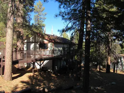 a house with a deck in the woods at Gold Rush in Big Bear Lake