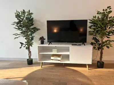 a living room with a white entertainment center with two trees at Chic Hollywood Dream Large Studio in Los Angeles