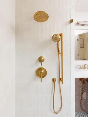 a bathroom with a shower with gold fixtures at Modern and Charming Luxe Home in Los Angeles in Altadena