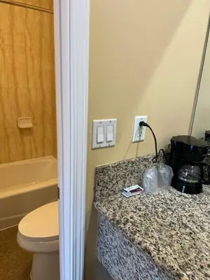 a bathroom with a toilet and a sink and a counter at Carlton Motor Lodge in Los Angeles