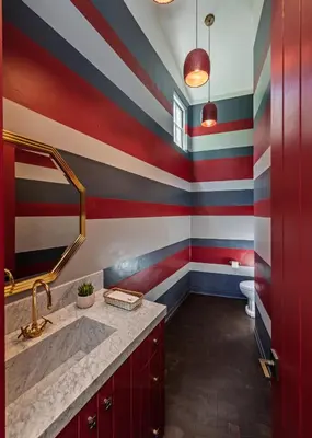 a bathroom with red white and blue stripes at Howard Hughes Estate in Los Angeles