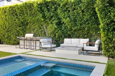 a backyard with a swimming pool and a patio with a couch and chairs at The Artezen Villa by Stay Awhile Villas in Los Angeles