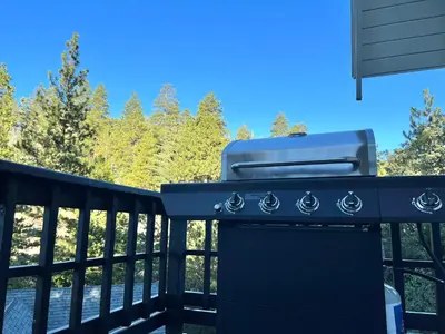 a grill on a deck with trees in the background at Brentwood Haus in Lake Arrowhead
