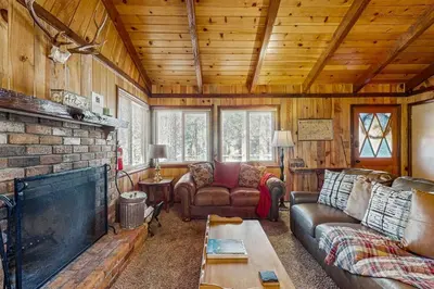 a living room with a couch and a fireplace at Idle Ours Cabin ~ Rustic and Cozy Cabin with Fireplace & Private BBQ - Walk to Big Bear Lake in Fawnskin