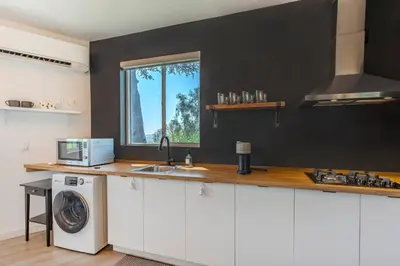 a kitchen with a sink and a washing machine at Hillside Guest House with Sunset View in Los Angeles