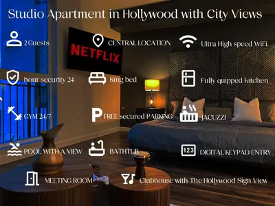 a poster of a bedroom with a bed in a room at Modern Cosmopolitan APT Mid Hollywood with Free Parking 10mins to Universal Studios in Los Angeles