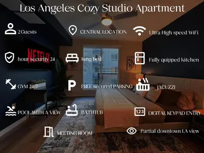 a poster of a bedroom with a bed and the words los angles cozy studio apartment at Mid Century With Pool GYM and Parking 10min to Cedars in Los Angeles