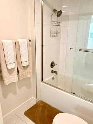 a bathroom with a shower and a toilet at Luxury Hollywood Stay Beautiful 2Beds2Baths in Los Angeles