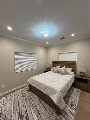 a bedroom with a large bed and a rug at House in Torrance
