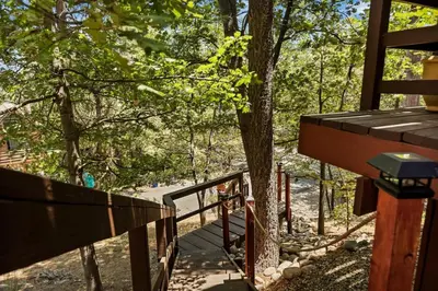 a wooden boardwalk in a forest with a tree at The Mountain Sanctuary in Lake Arrowhead