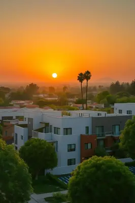 a sunset over a city with buildings and trees at High stay, new furniture apartment in Glendale