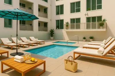 a patio with a pool and chairs and a building at High stay, new furniture apartment in Glendale
