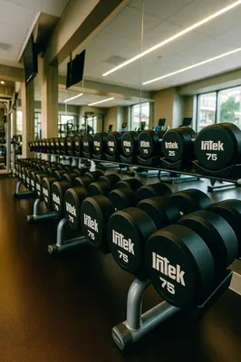 a row of black dumbbells in a gym at High stay, new furniture apartment in Glendale