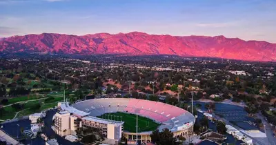 an aerial view of a soccer stadium with mountains at Pasadena Quiet Gem with Fiber Internet WiFi and Workspace in Pasadena