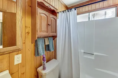 a bathroom with a white shower curtain and a toilet at Swim, Ski and Explore Cabin in Green Valley Lake! in Green Valley Lake