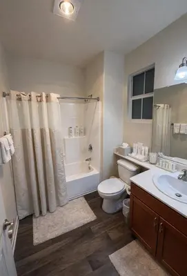 a bathroom with a toilet and a tub and a sink at Sunny Marina Del Rey Apartment- Hot Tub, Game Room, BBQ, Projector in Los Angeles