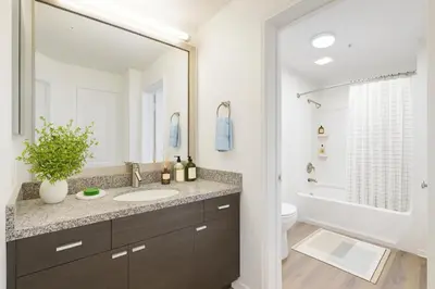 a bathroom with a sink and a toilet and a mirror at Chic Marina 1 Bedroom - Pool - Hot Tub - Gym - Sauna in Los Angeles