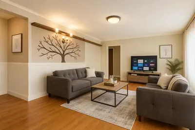 a living room with two couches and a tv at Fullerton Family-Ready- 9 min to Disneyland in Fullerton