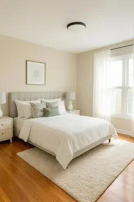 a white bedroom with a large bed and a rug at Fullerton Adventure Pad - 10 min to Disneyland in Fullerton