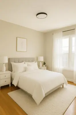 a white bedroom with a large white bed and a window at Fullerton Parkside Getaway - 13min to Disneyland in Fullerton