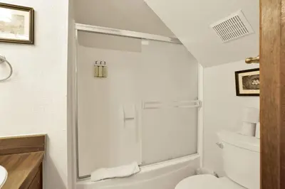 a bathroom with a shower and a toilet at Switzerland Summit Condo- Cozy Base Camp Resort Chalet- Walk to Ski Lifts + Hiking in Big Bear Lake